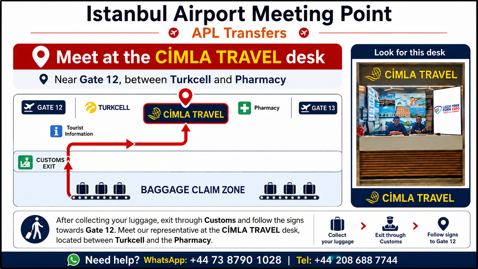 CİMLA TRAVEL desk at Istanbul Airport arrivals — near Gate 12, between Turkcell and the Pharmacy
